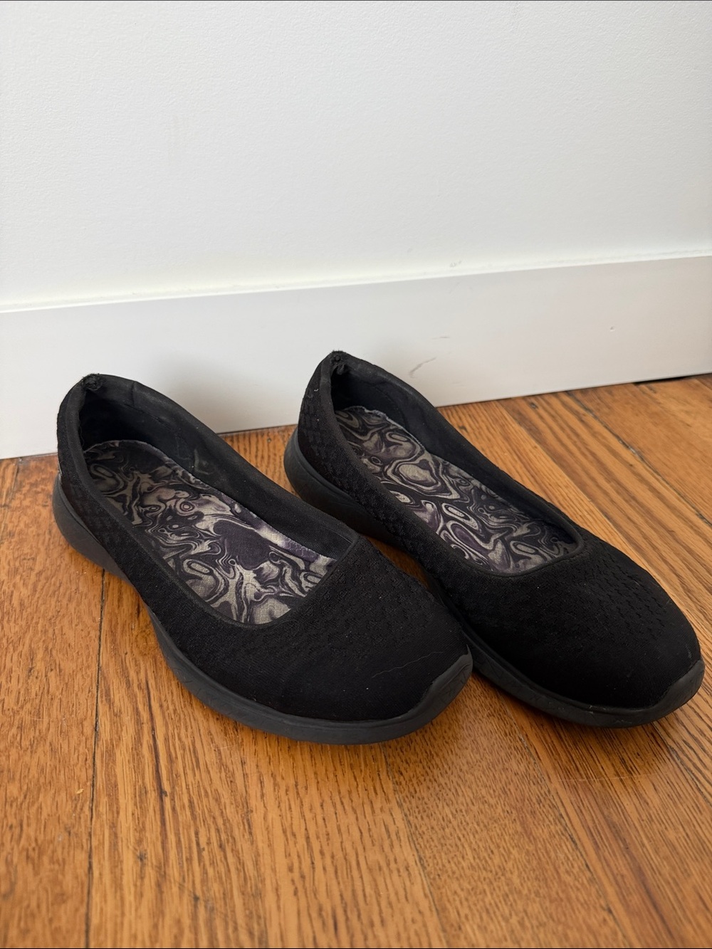 Skechers Black Knit Slip-On Flats with Patterned Insole